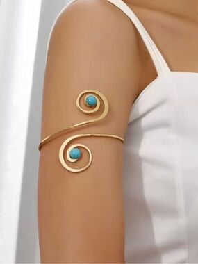 Gold Turquoise Spiral Arm Cuff Bracelet - Women Jewelry